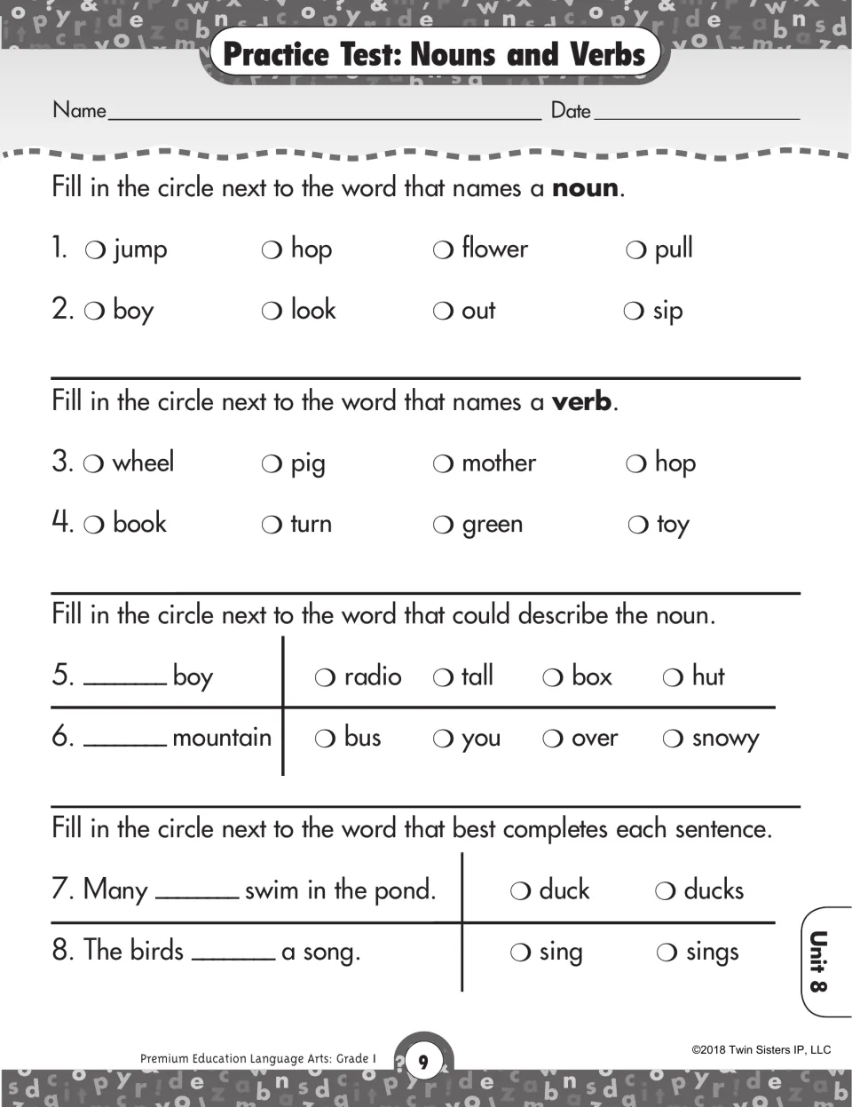Nouns and verbs test: students identify nouns, verbs and describing words, then pick duck or ducks and sing or sings