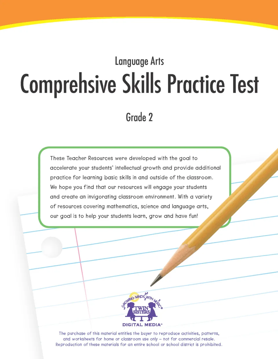 Cover: Language Arts Comprehensive Skills Practice Test, Grade 2, with a note to teachers and a classroom-use notice