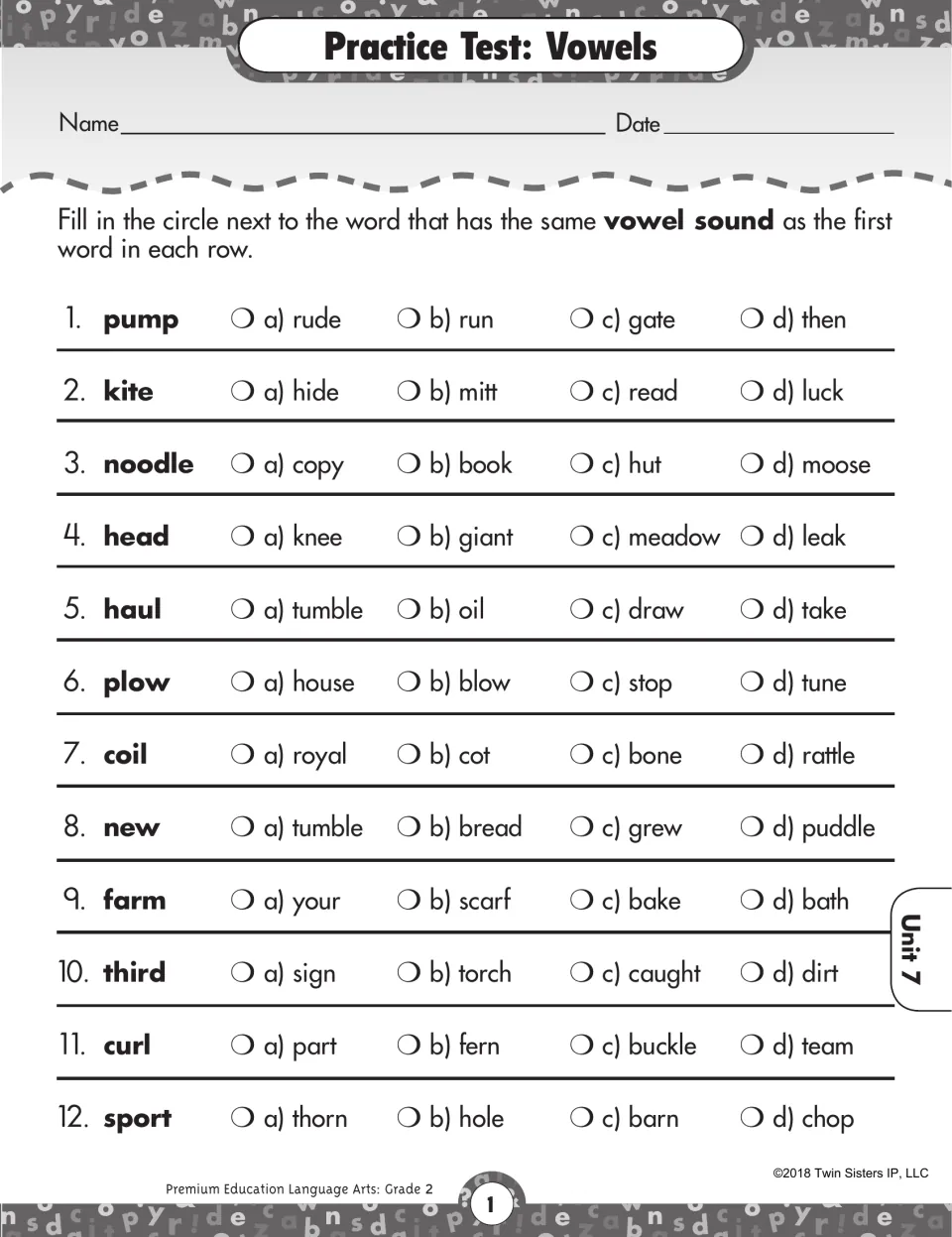Vowel sounds test: students fill in the circle for the word matching the vowel sound of pump, kite, noodle and 9 more