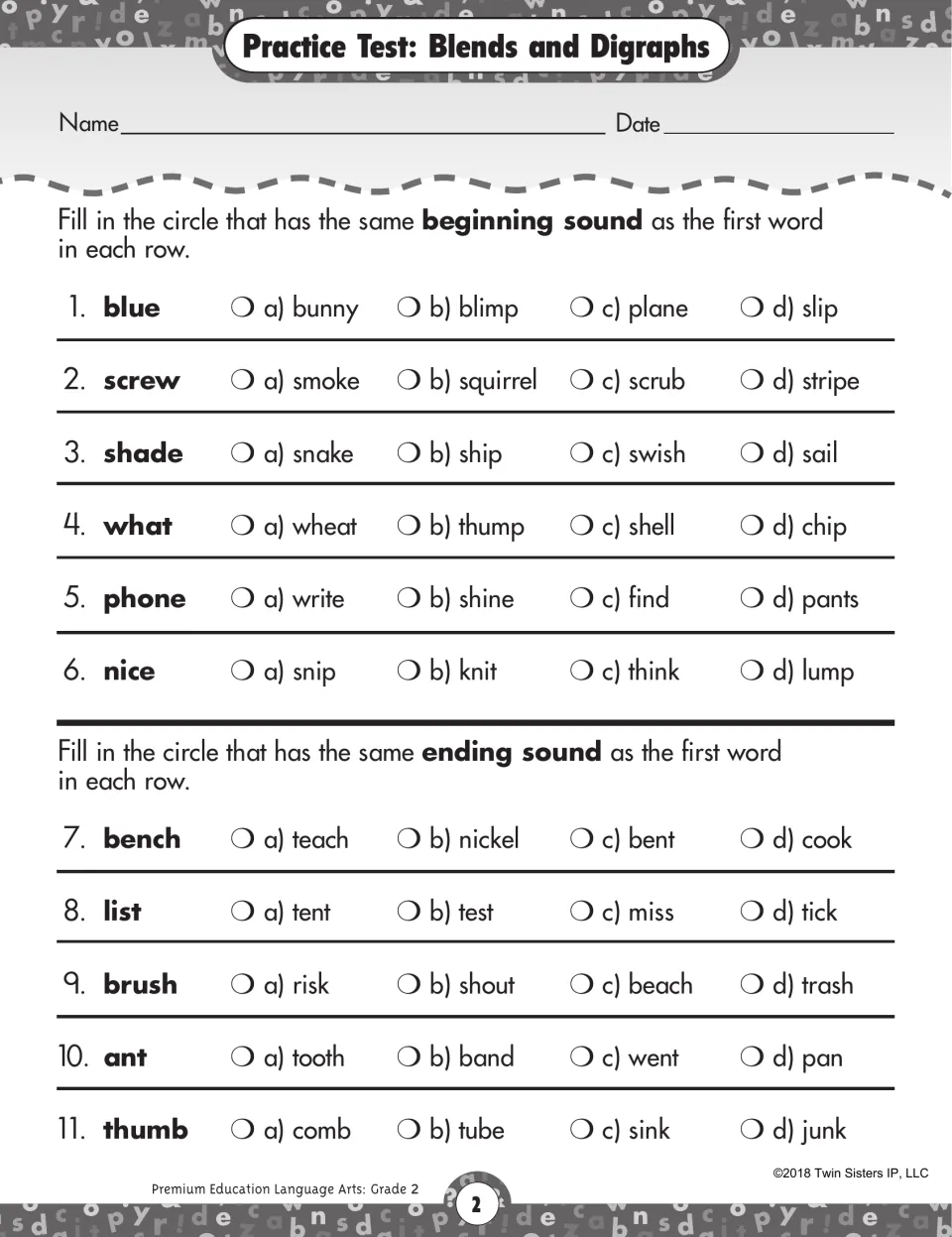 Blends and digraphs: students match beginning sounds like bl, scr and sh, then ending sounds like ch, st and sh in 11 rows