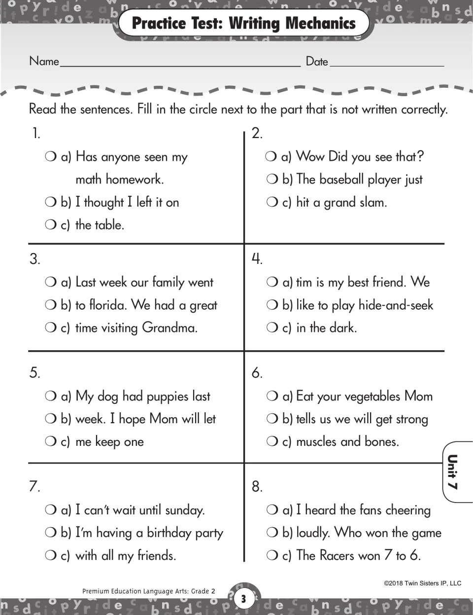 Writing mechanics: students find the sentence part with a capitalization or punctuation error in 8 short items