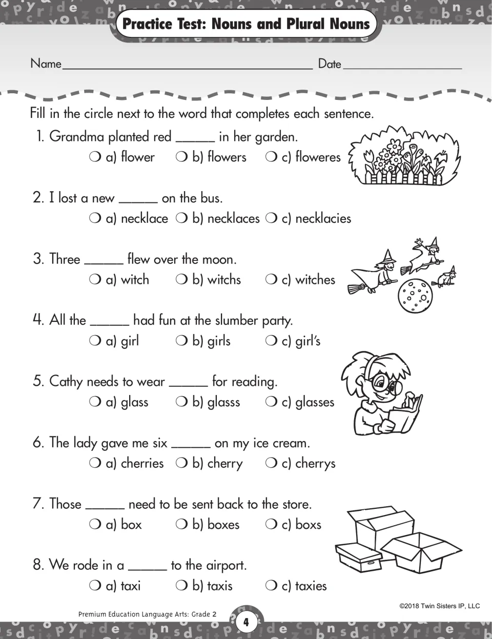 Plural nouns: students choose the correct noun to complete 8 sentences, such as flowers, witches, glasses and boxes