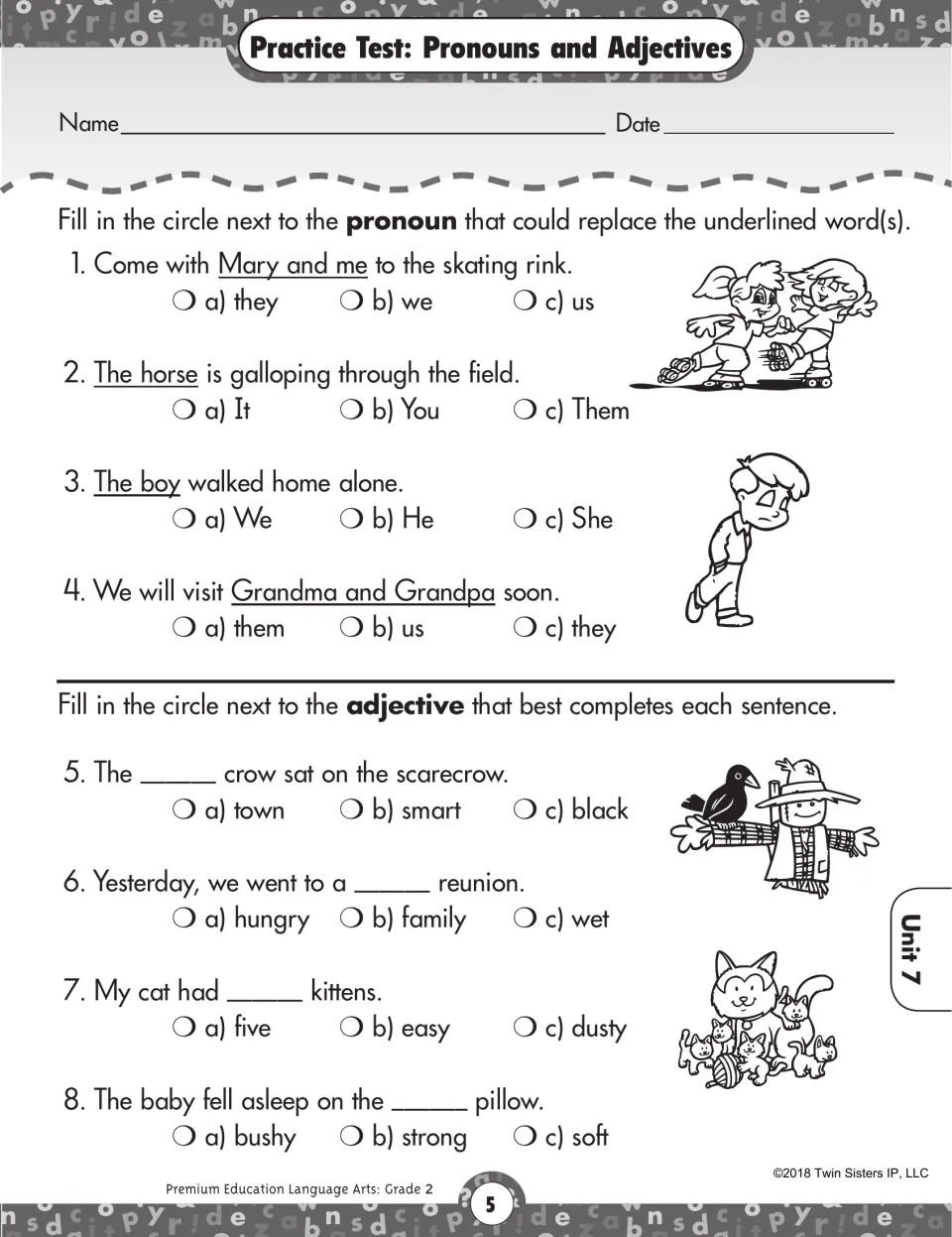 Pronouns and adjectives: students pick a pronoun for underlined words, then an adjective to finish each of 4 sentences