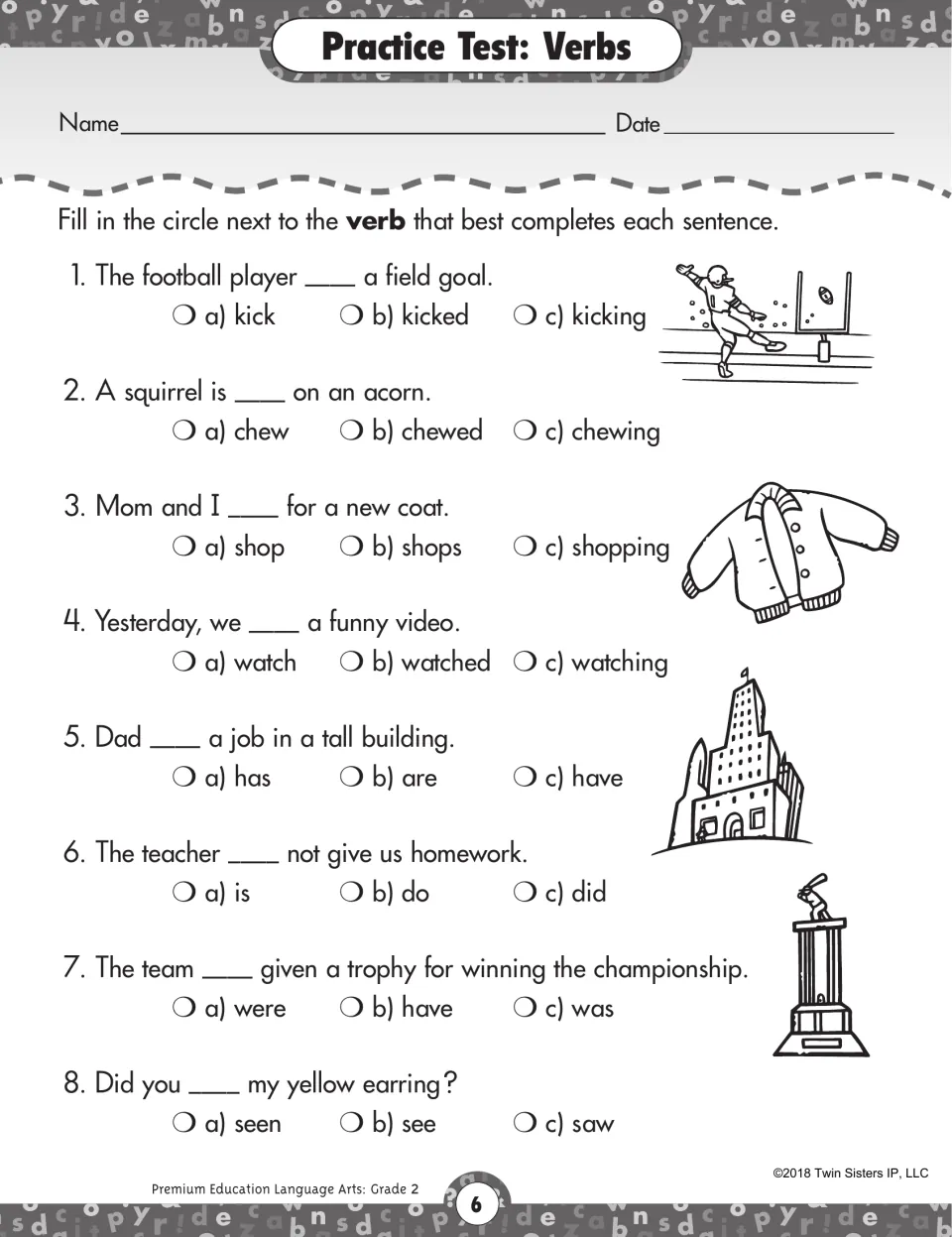 Verbs: students choose the verb form that completes 8 sentences, including past tense kicked and watched and was or were