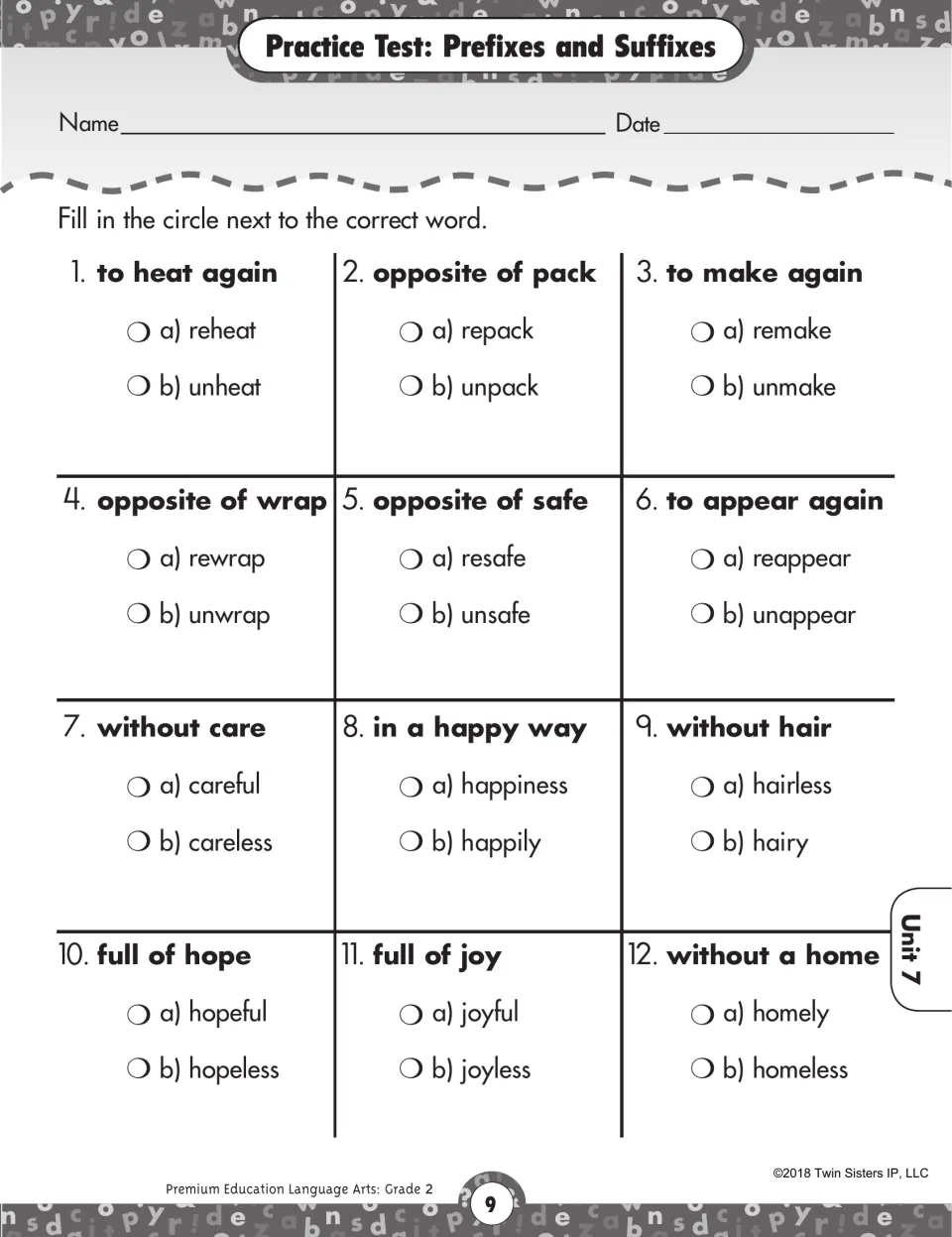 Prefixes and suffixes: students pick the word matching each meaning, like reheat, unpack, careless and hopeful