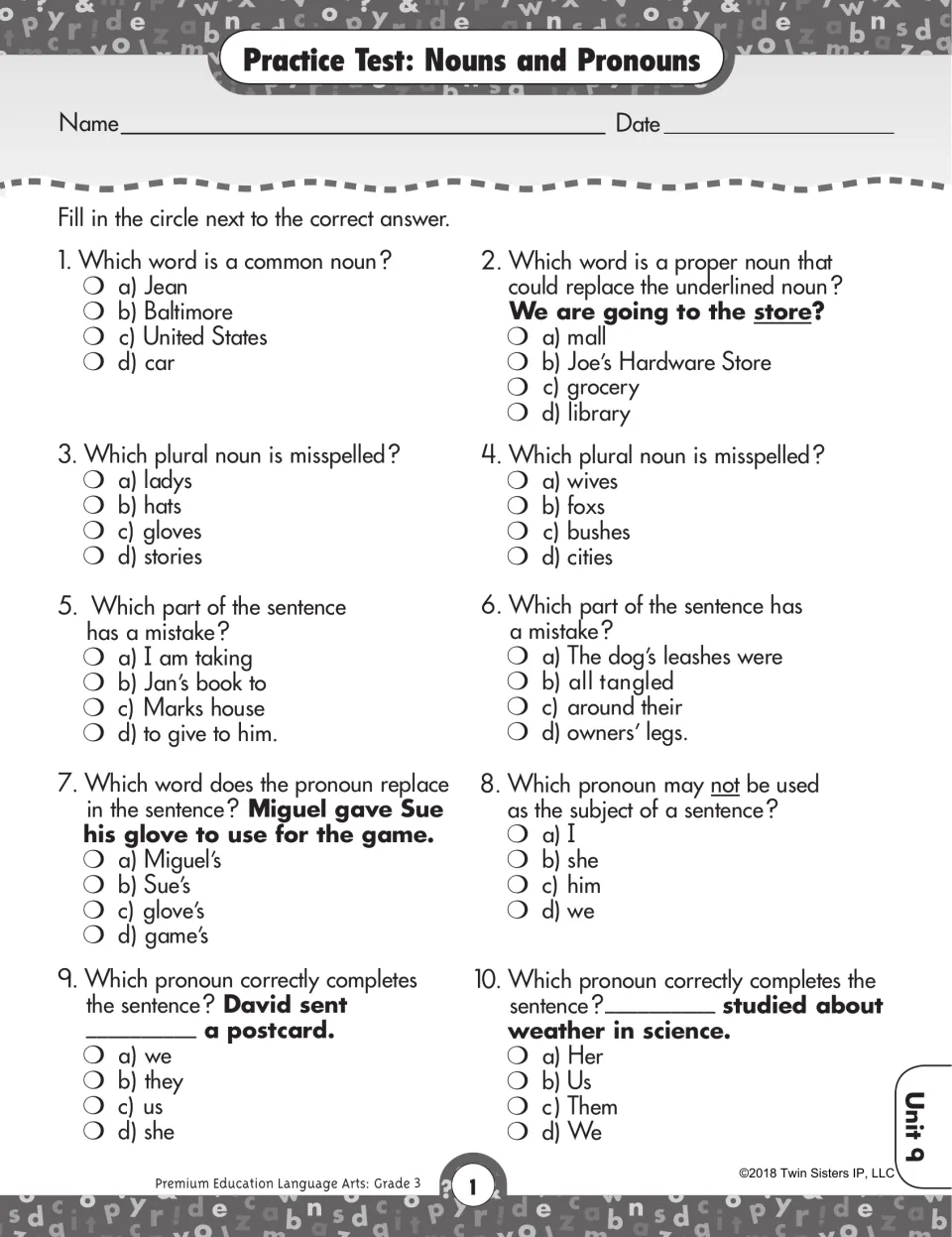 Nouns and pronouns practice test: students fill in circles to spot common, proper and plural nouns and choose pronouns