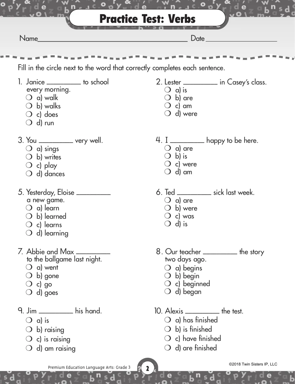 Verbs practice test: 10 fill-in-the-blank items on subject-verb agreement, past tense, irregular and helping verbs