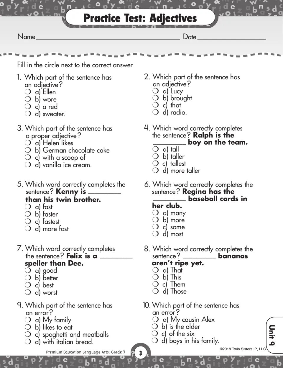 Adjectives practice test: students find adjectives, choose comparative and superlative forms, and spot errors