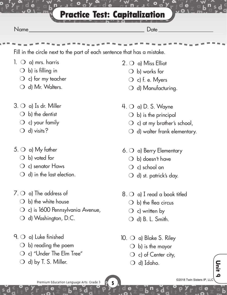 Capitalization practice test: students find the error in names, titles, places, holidays and book titles