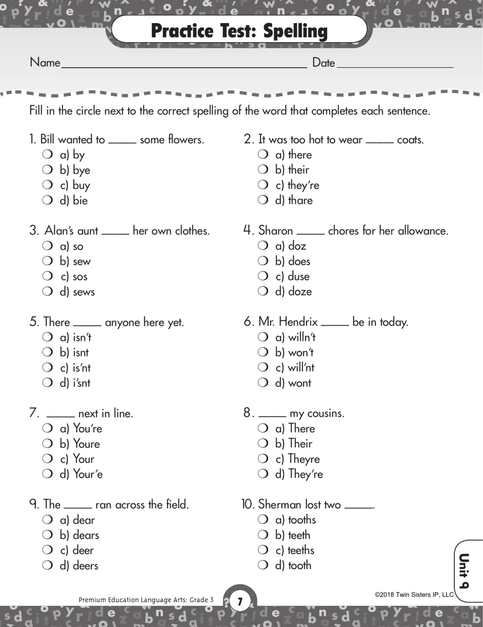 Spelling practice test: students pick the correct spelling of homophones, contractions and irregular plurals