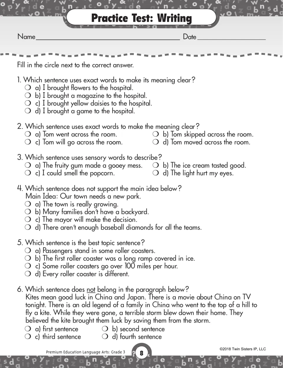 Writing practice test: exact and sensory words, main idea support, topic sentences and a sentence that does not belong