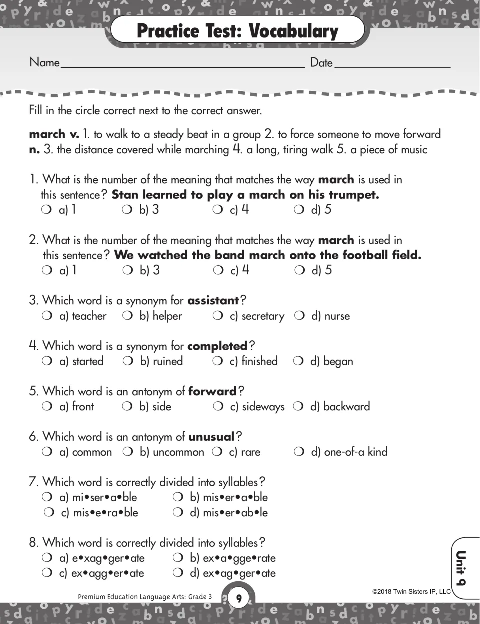 Vocabulary practice test: multiple-meaning word march, synonyms, antonyms and dividing words into syllables