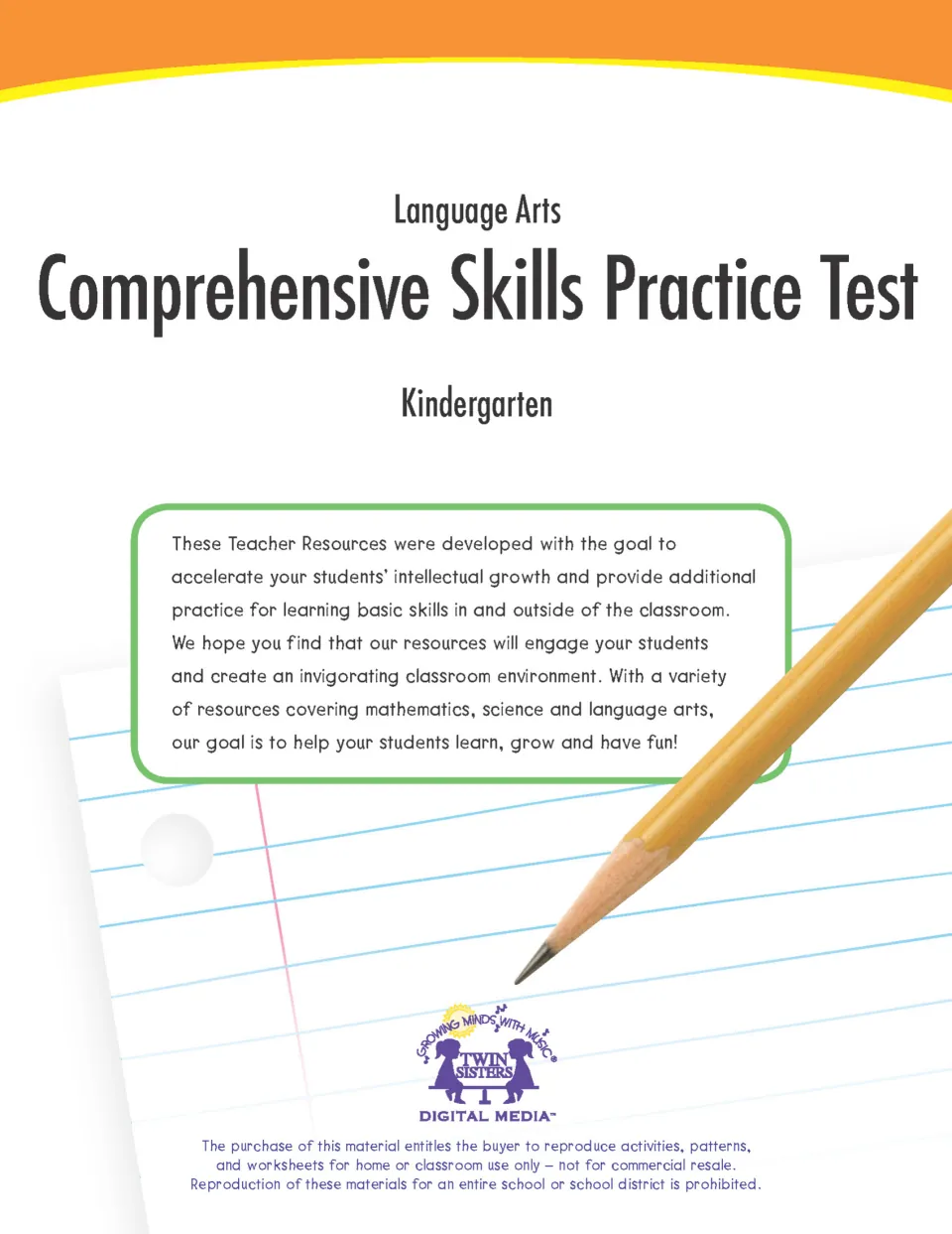 Cover: Language Arts Comprehensive Skills Practice Test, Kindergarten, with a note to teachers and reproduction terms