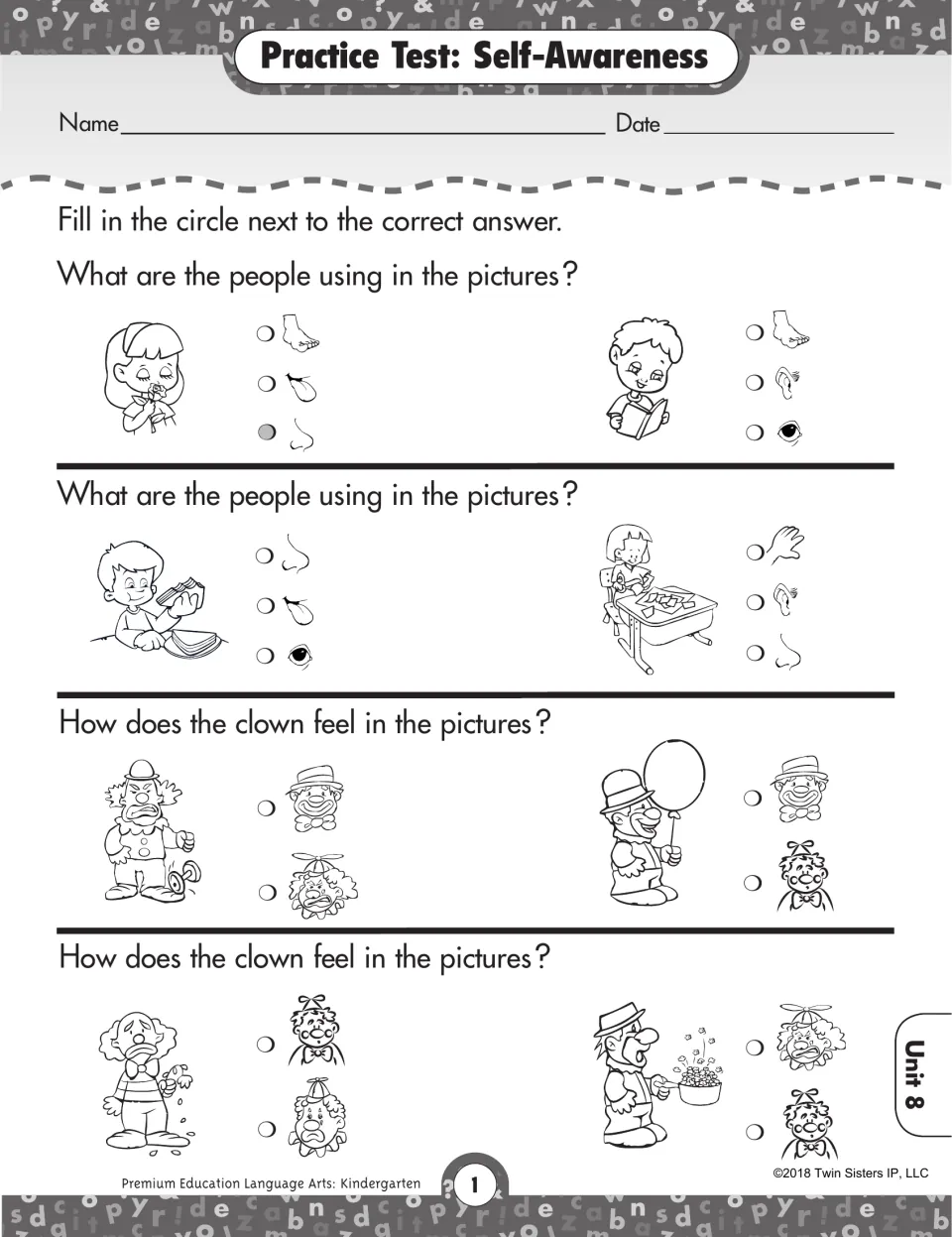 Self-awareness test: students fill in circles to pick the sense each child uses and how a clown feels in each picture