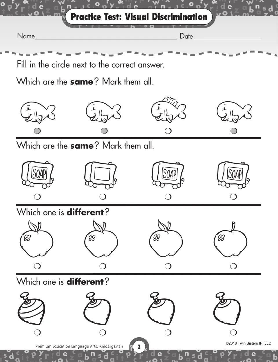 Visual discrimination test: students mark matching fish and soap bars, then find the apple and top that look different