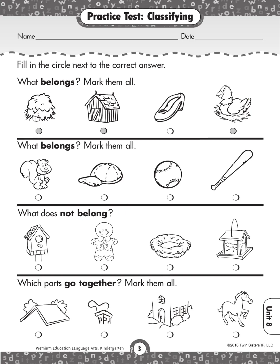 Classifying test: students mark what belongs on a farm or in baseball, the odd one out, and house parts that go together
