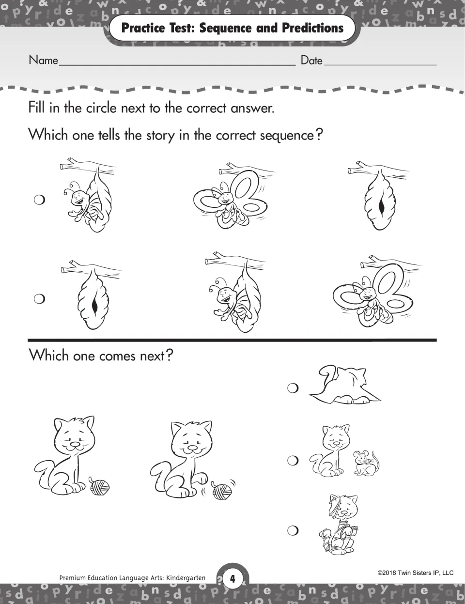 Sequence and predictions test: students pick the correct butterfly story order and predict what a cat with yarn does next