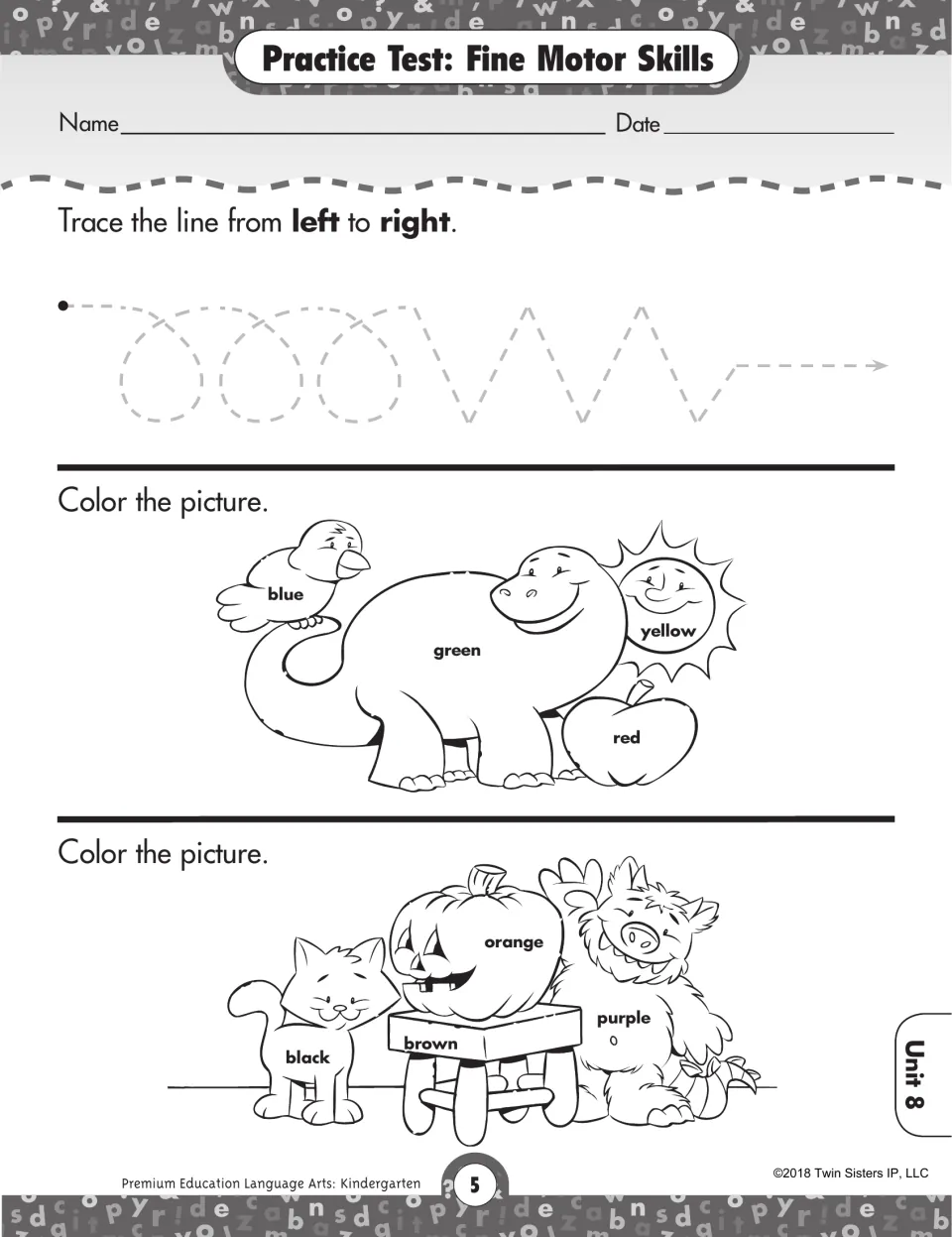 Fine motor skills test: students trace a dashed line left to right and color two pictures using labeled color words
