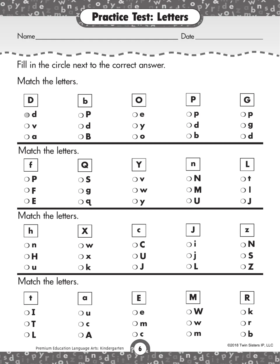 Letters test: students match each uppercase or lowercase letter to its other case from three choices, 20 items in all