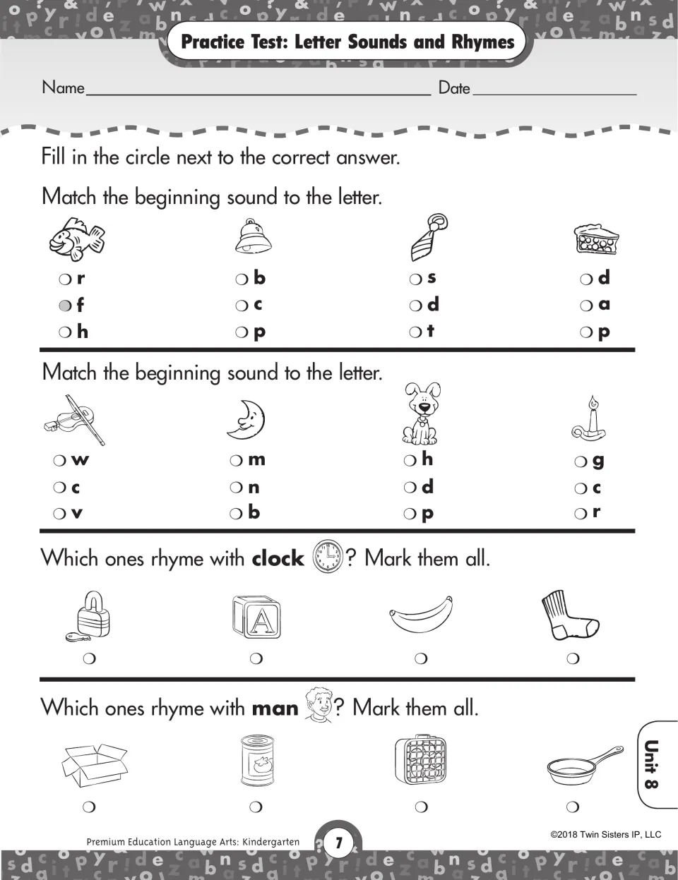 Letter sounds and rhymes test: students match pictures to beginning letters and mark pictures that rhyme with clock and man