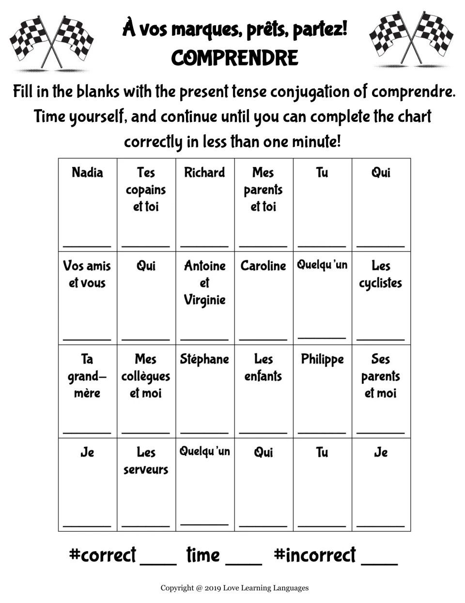 Timed French practice: 24 present tense prompts for comprendre (to understand), including Nadia, tu and je.