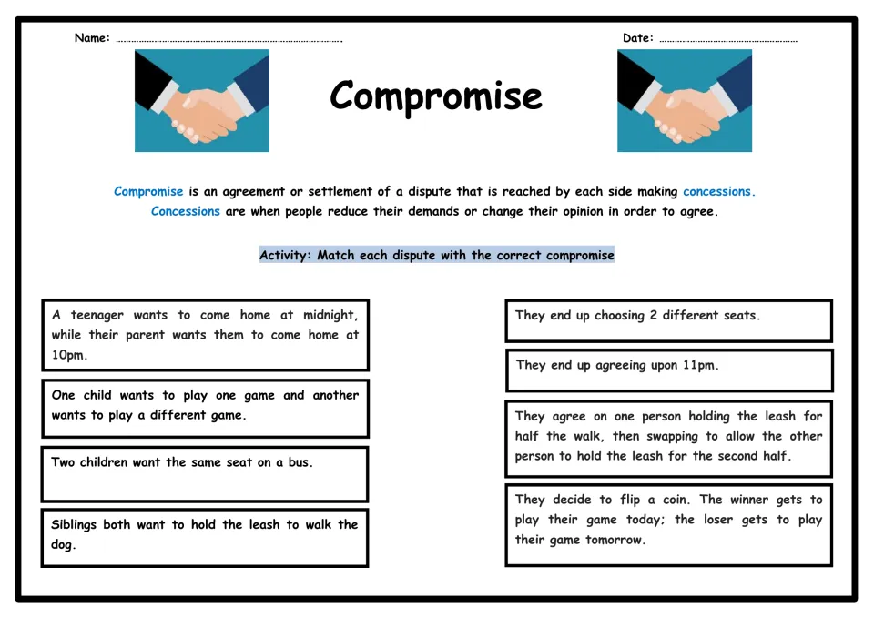 Compromise and concessions defined; students match four disputes, like a curfew or bus seat, to the correct compromise