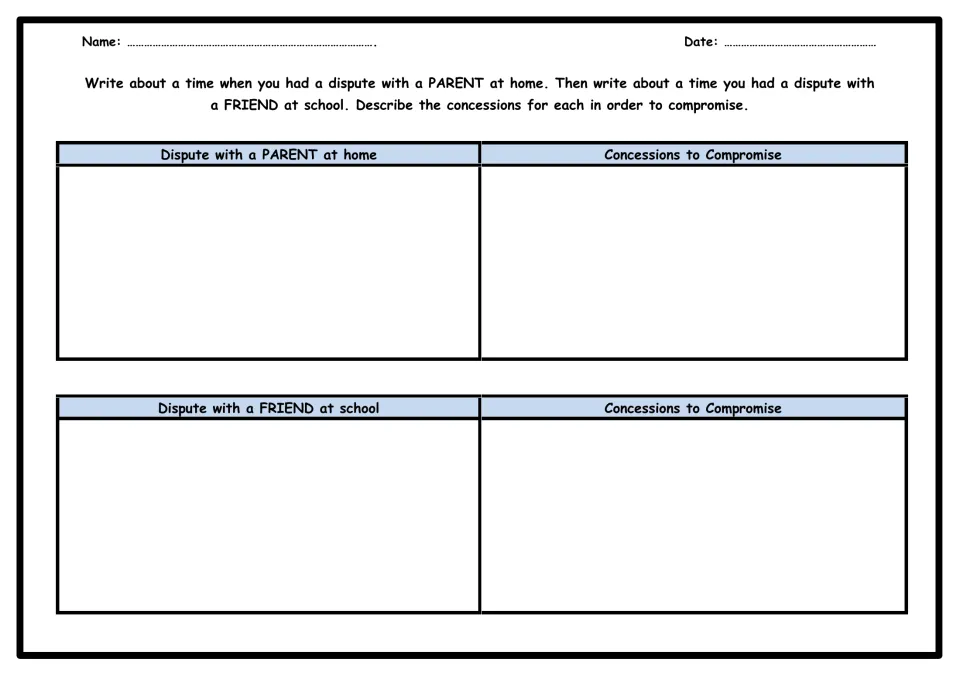 Personal reflection on compromise: students describe a dispute with a parent and one with a friend, plus the concessions