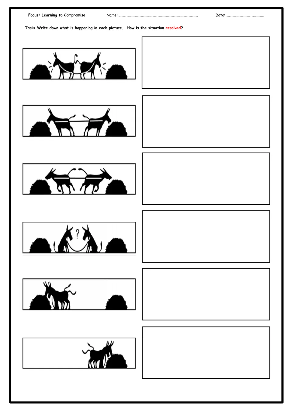Learning to compromise: students describe six donkey pictures, from tugging toward separate hay piles to sharing each one