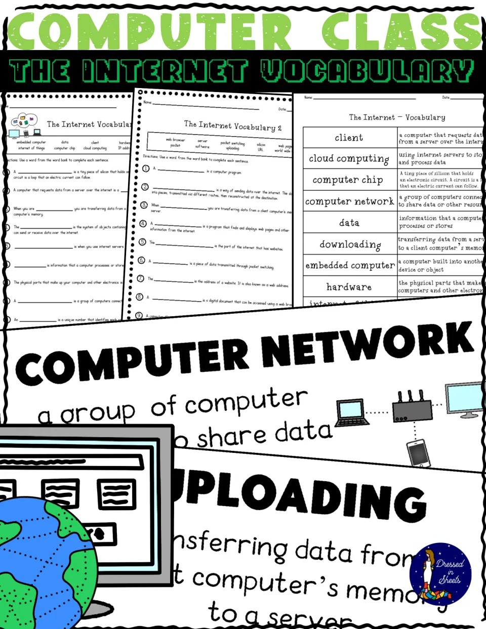 Computer Class: The Internet Vocabulary cover showing fill-in worksheets, a term chart and word cards like computer network