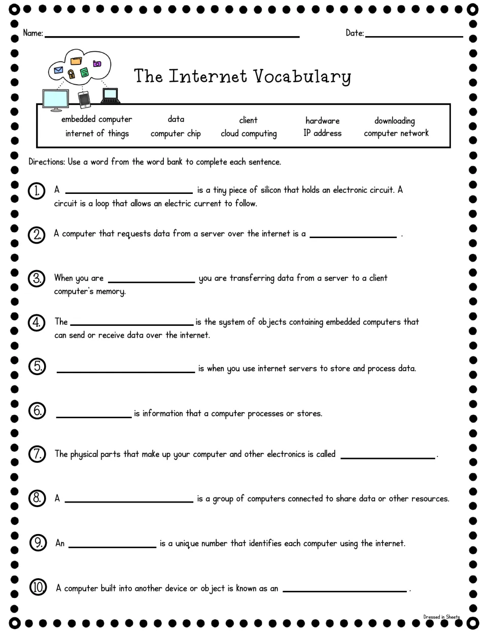 Internet terms fill-in: students pick from a 10-word bank (client, IP address, hardware) to complete 10 definition sentences