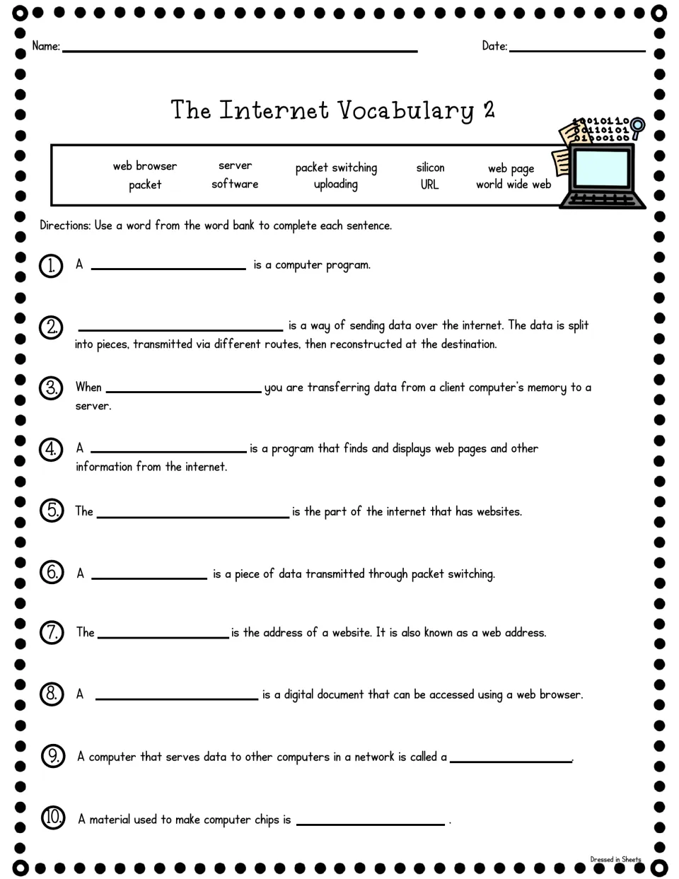 Internet terms set 2: students use a word bank of server, URL, packet, silicon and more to complete 10 definition sentences