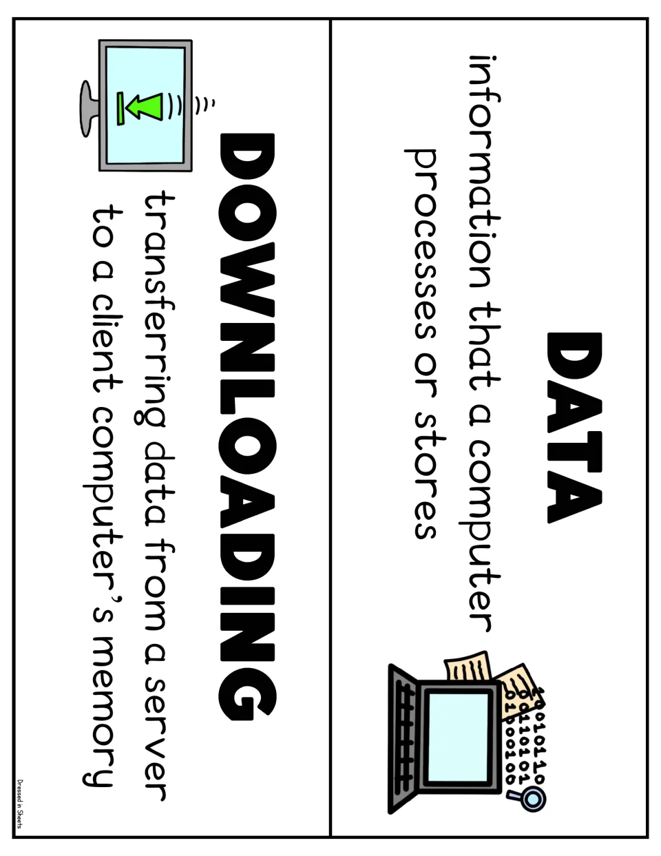 Word wall cards for data and downloading, defining each term beside a laptop with binary code and a download arrow