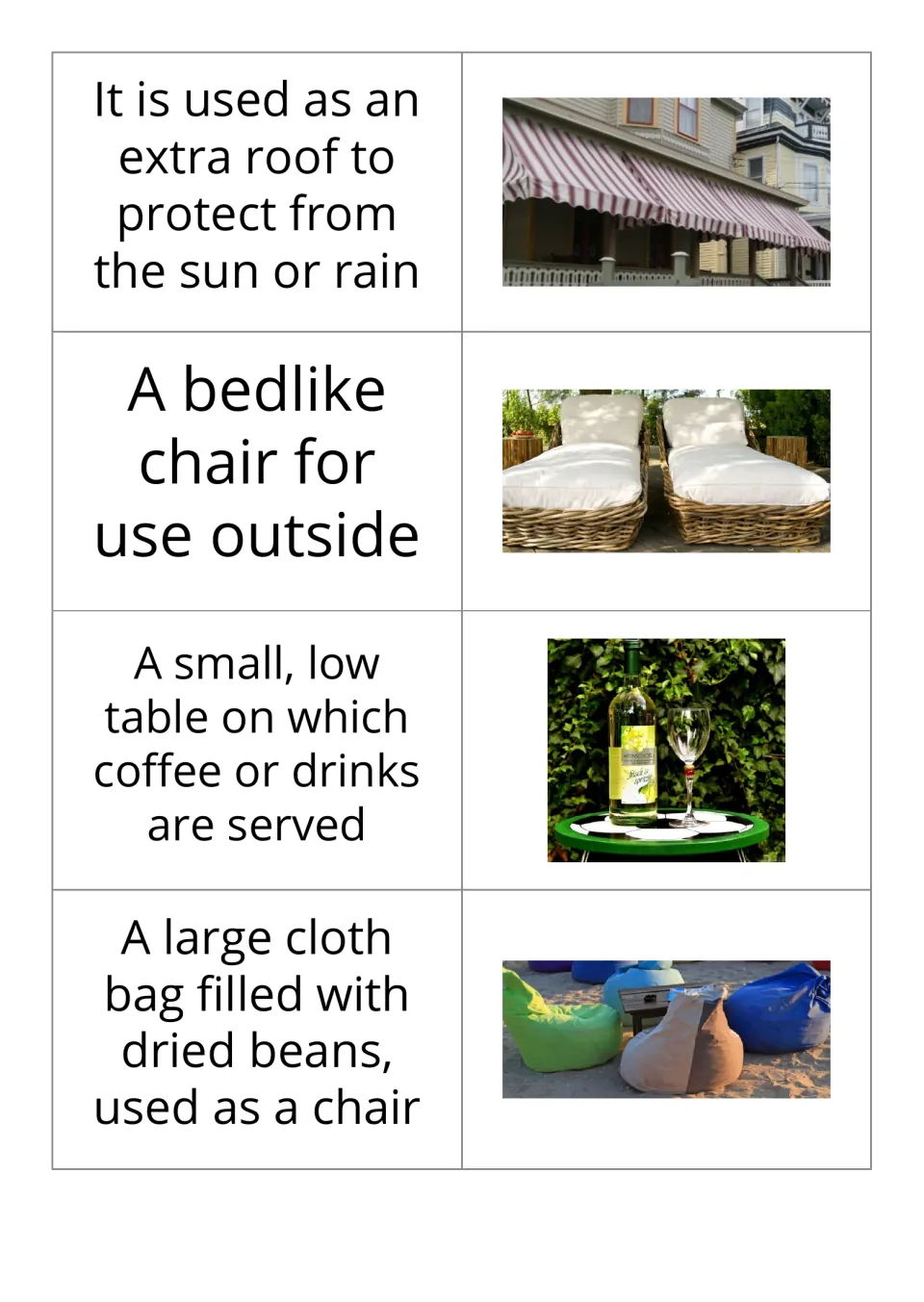 Garden vocabulary cards 1–4 pair definitions with pictures of an awning, deck chair, coffee table, and beanbag chair.