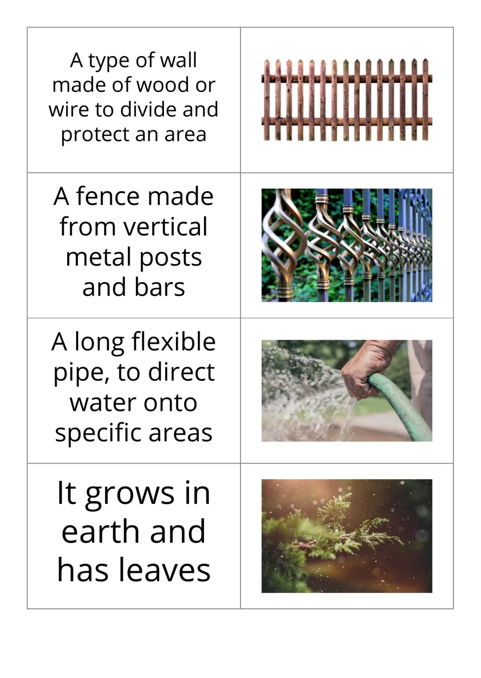 Garden vocabulary cards 5–8 pair definitions with pictures of a fence, railings, a hose, and a plant.