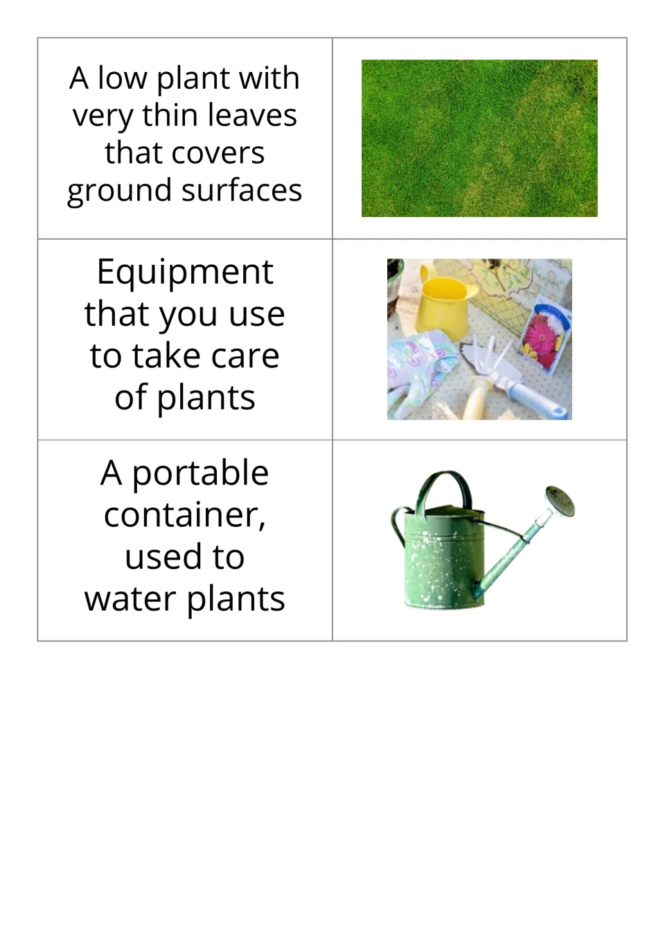 Garden vocabulary cards 13–15 pair definitions with pictures of grass, gardening tools, and a watering can.