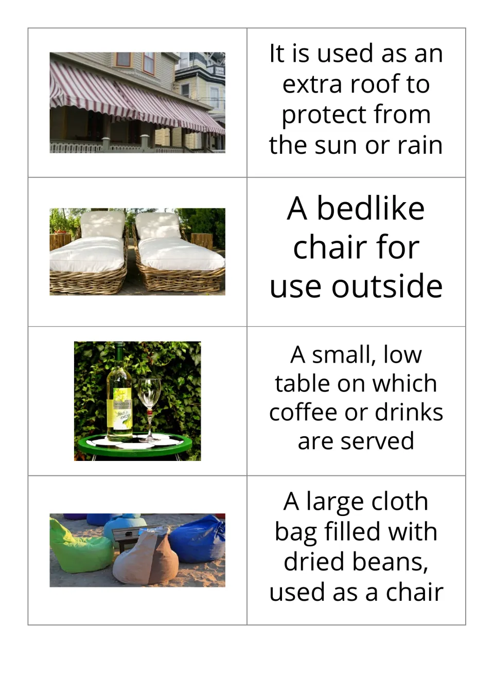 Garden vocabulary cards 1–4 show an awning, deck chair, coffee table, and beanbag chair before their definitions.