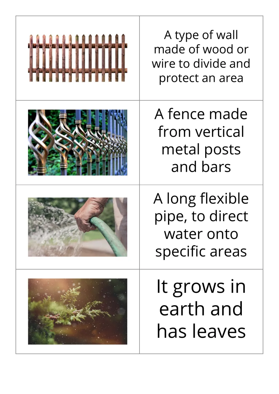 Garden vocabulary cards 5–8 show pictures of a fence, railings, a hose, and a plant before their definitions.