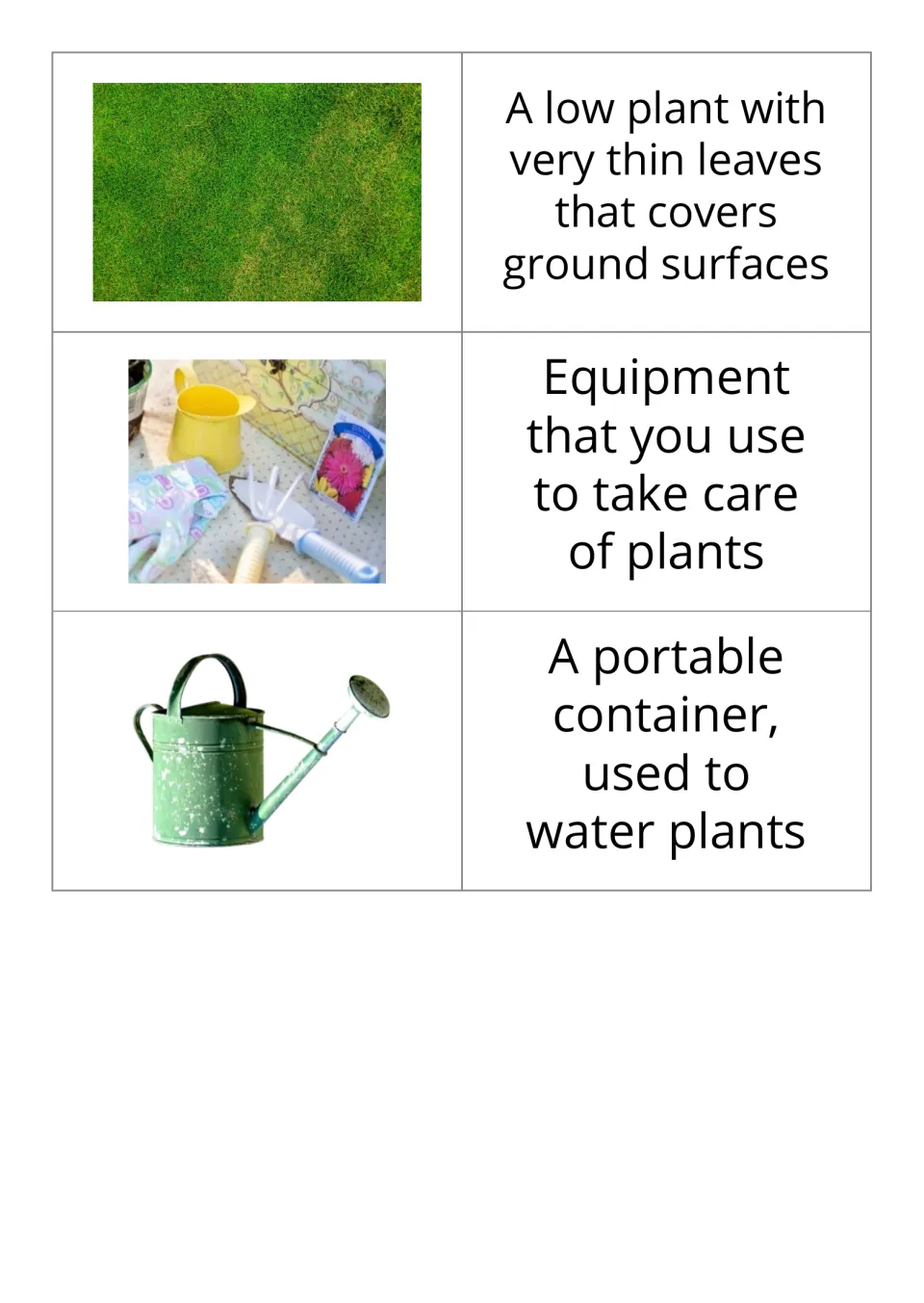 Garden vocabulary cards 13–15 show grass, gardening tools, and a watering can before their definitions.