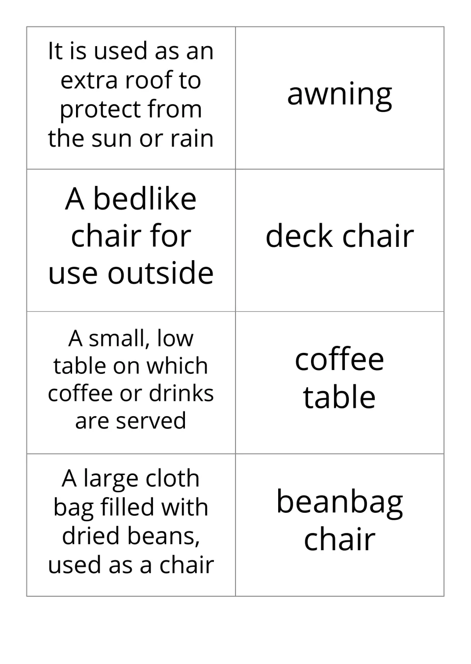 Garden definition-and-word cards 1–4 pair clues with awning, deck chair, coffee table, and beanbag chair.
