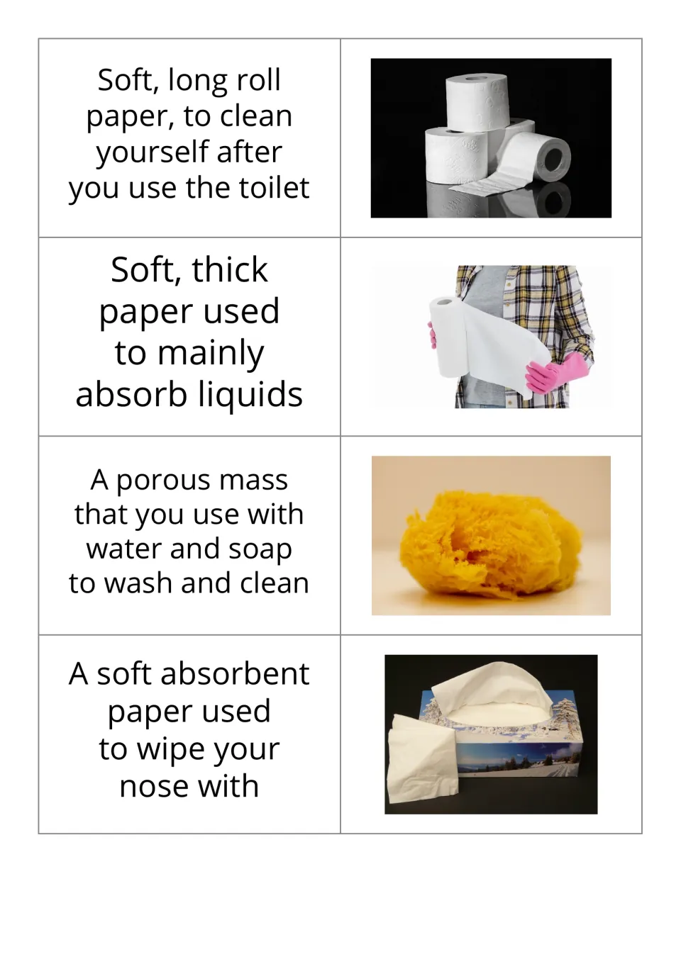 Definition-and-picture flashcards 1–4: toilet paper, kitchen roll (paper towels), sponge, and tissue