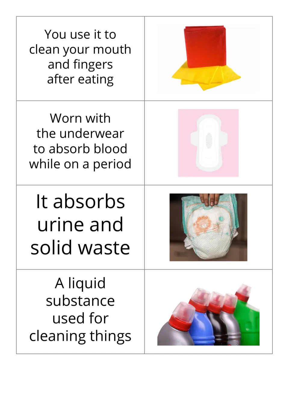 Definition-and-picture flashcards 5–8: napkin, sanitary pad, diaper, and liquid cleaner, with their uses