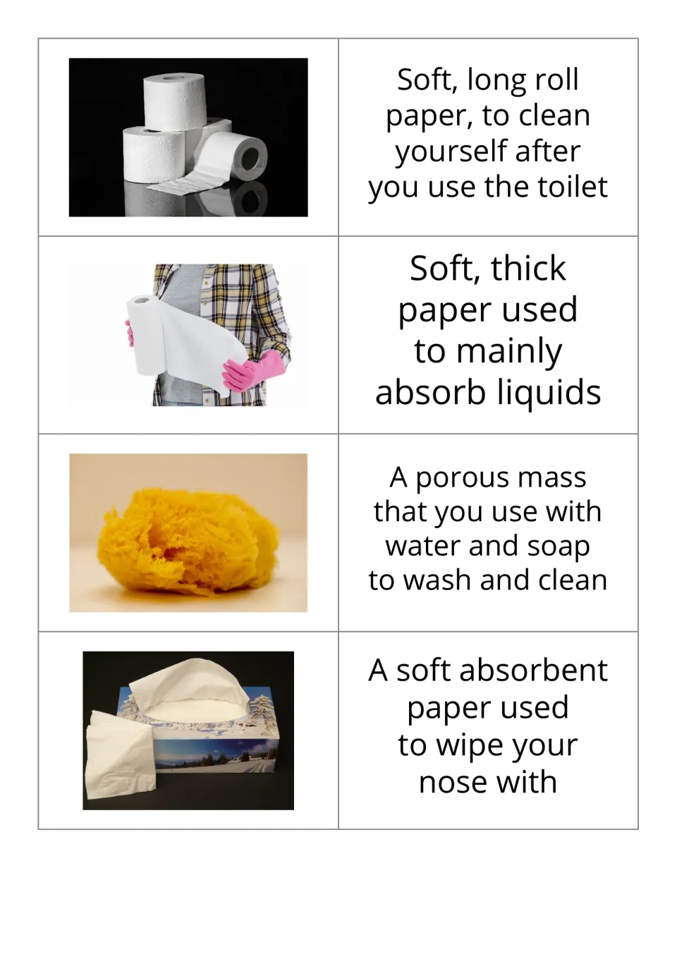 Picture-and-definition flashcards 1–4: toilet paper, kitchen roll (paper towels), sponge, and tissue