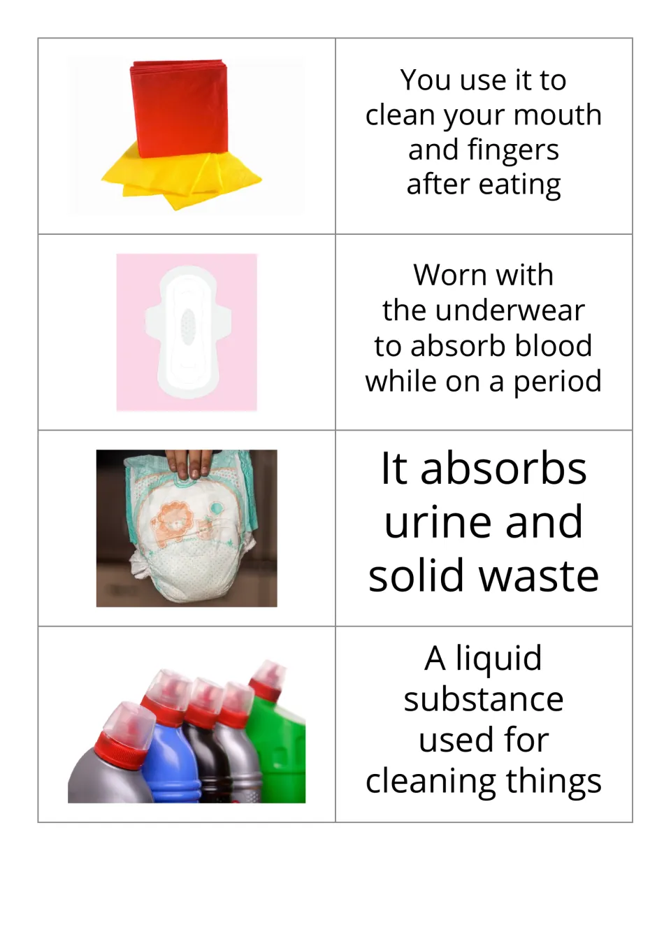 Picture-and-definition flashcards 5–8: napkin, sanitary pad, diaper, and liquid cleaner, with their uses