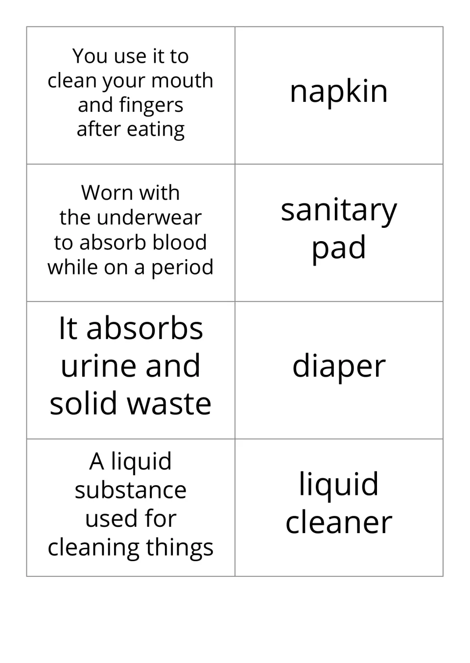 Definition-and-word flashcards 5–8 pair descriptions with napkin, sanitary pad, diaper, and liquid cleaner