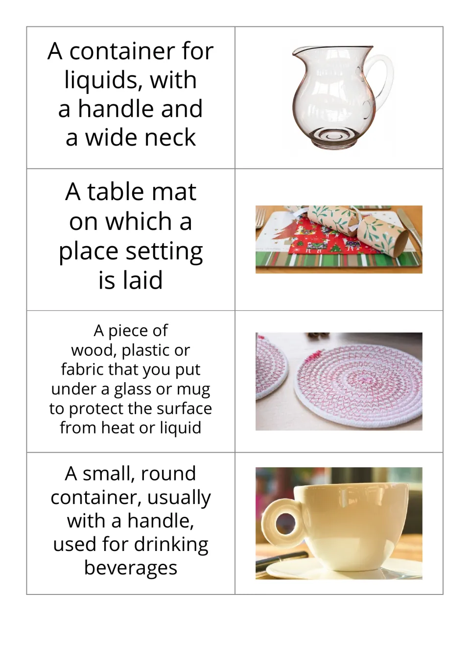 Kitchen noun flashcards 9–12 pair definitions with photos of a pitcher, placemat, coaster, and cup.