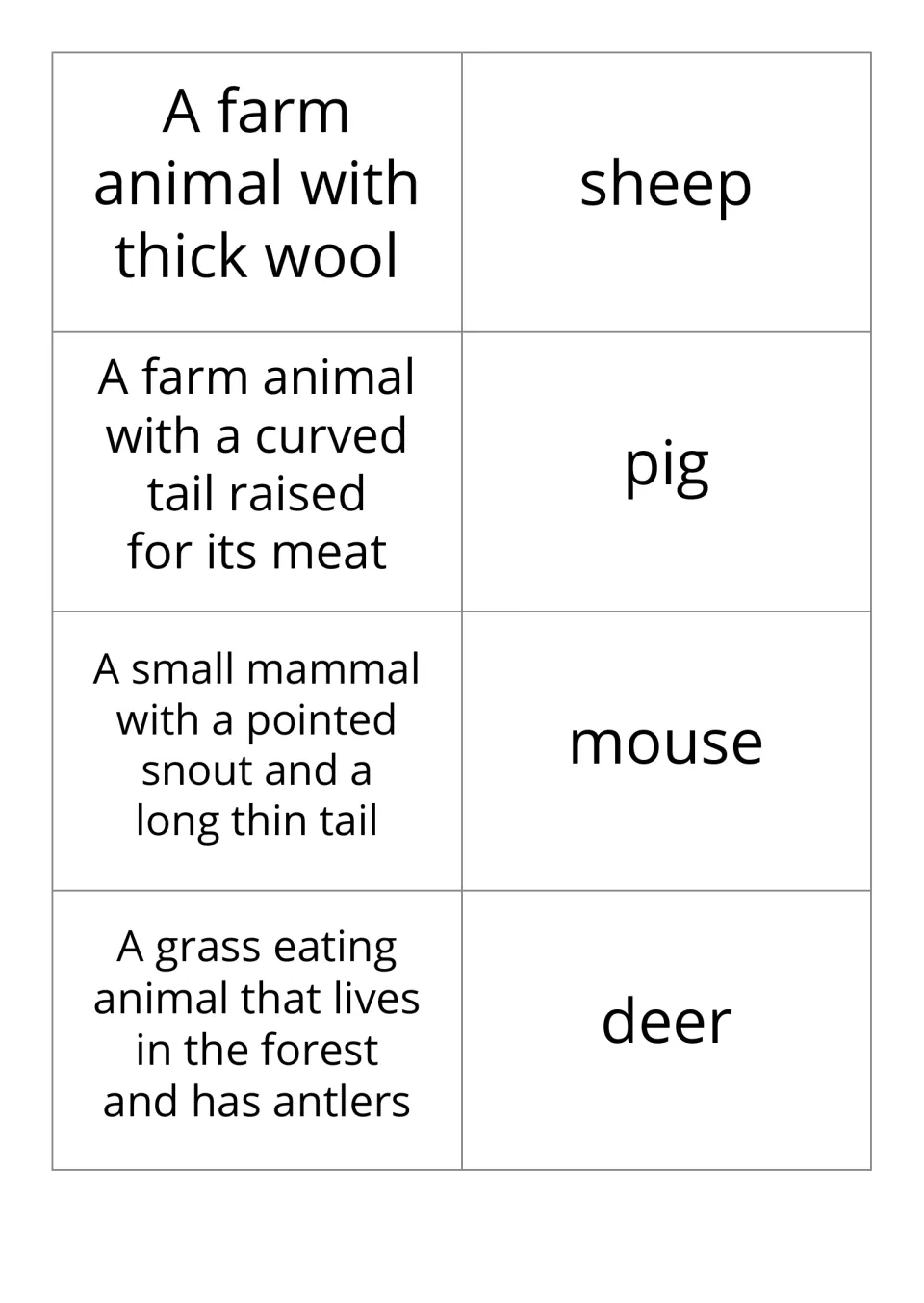 Animal vocabulary flashcards 5–8 in the definition-and-word set pair clues with sheep, pig, mouse, and deer.