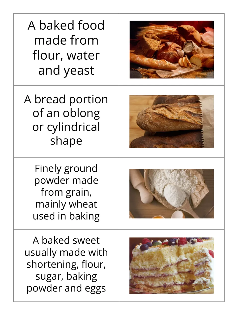 Bakery definition-and-picture flashcards 1–4 introduce bread, loaf, flour, and cake through food photos.