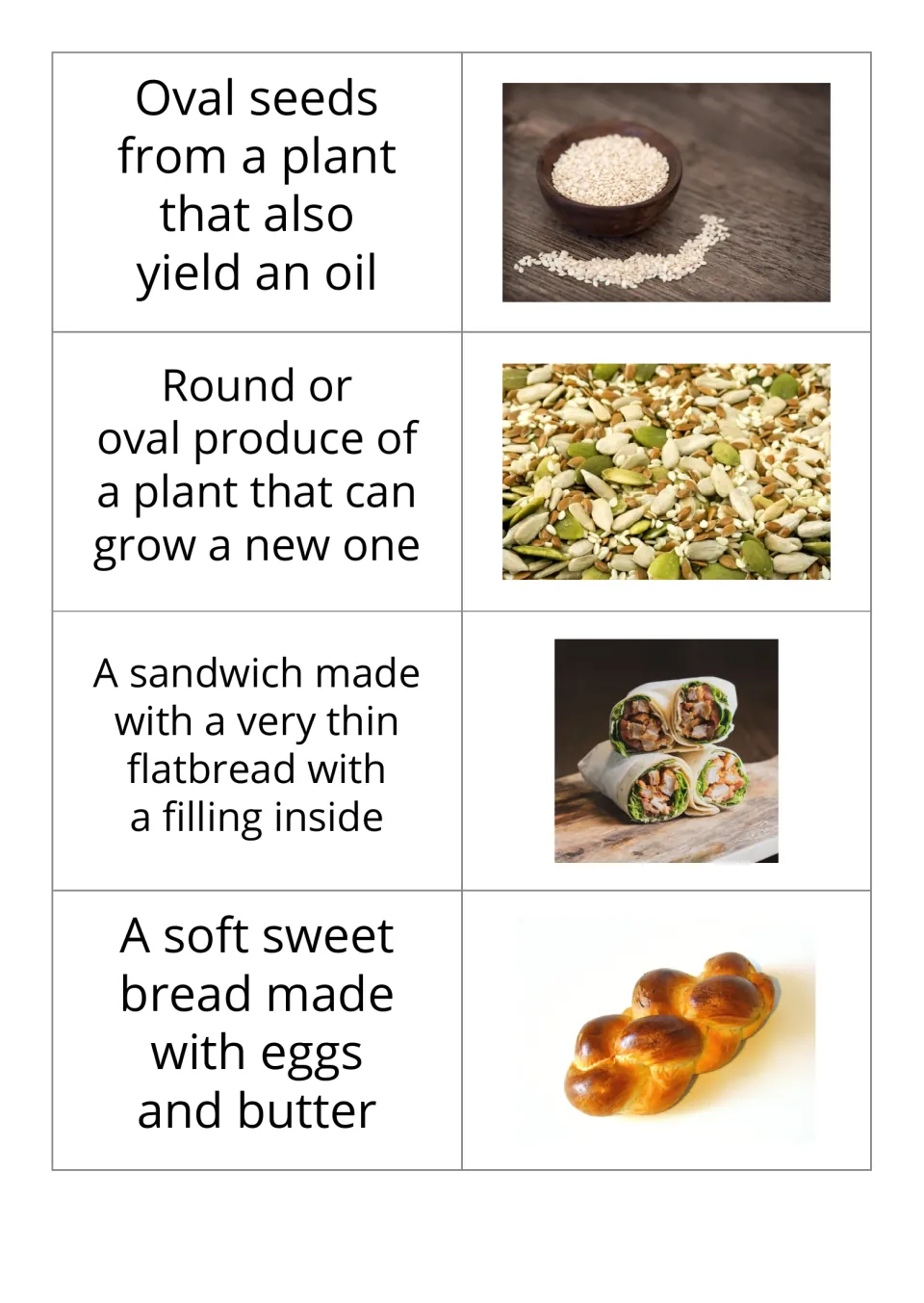 Bakery definition-and-picture flashcards 9–12 feature sesame seeds, seeds, a wrap, and soft sweet bread.