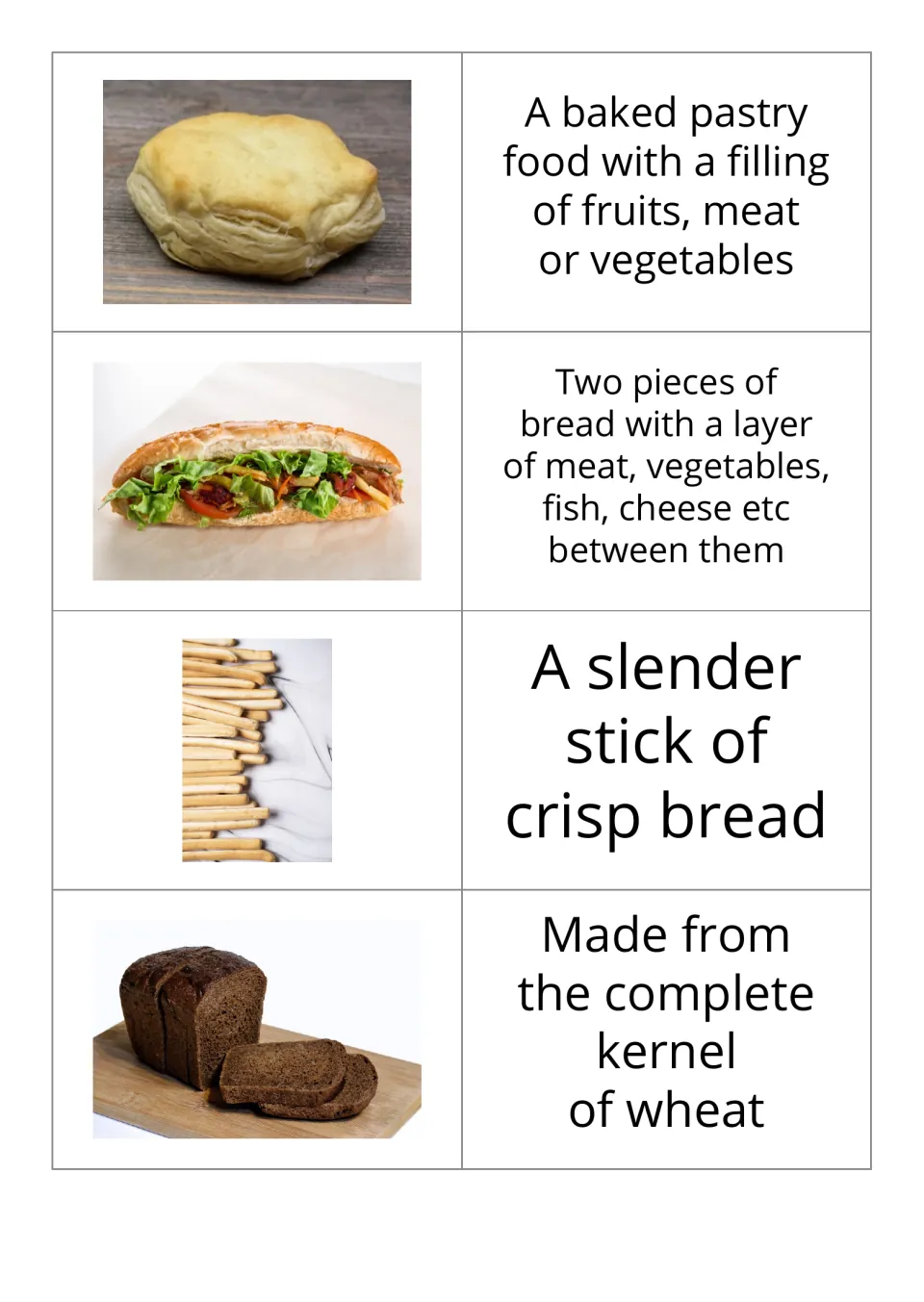 Bakery image-first flashcards 5–8 repeat pie, sandwich, breadstick, and whole wheat photos and definitions.