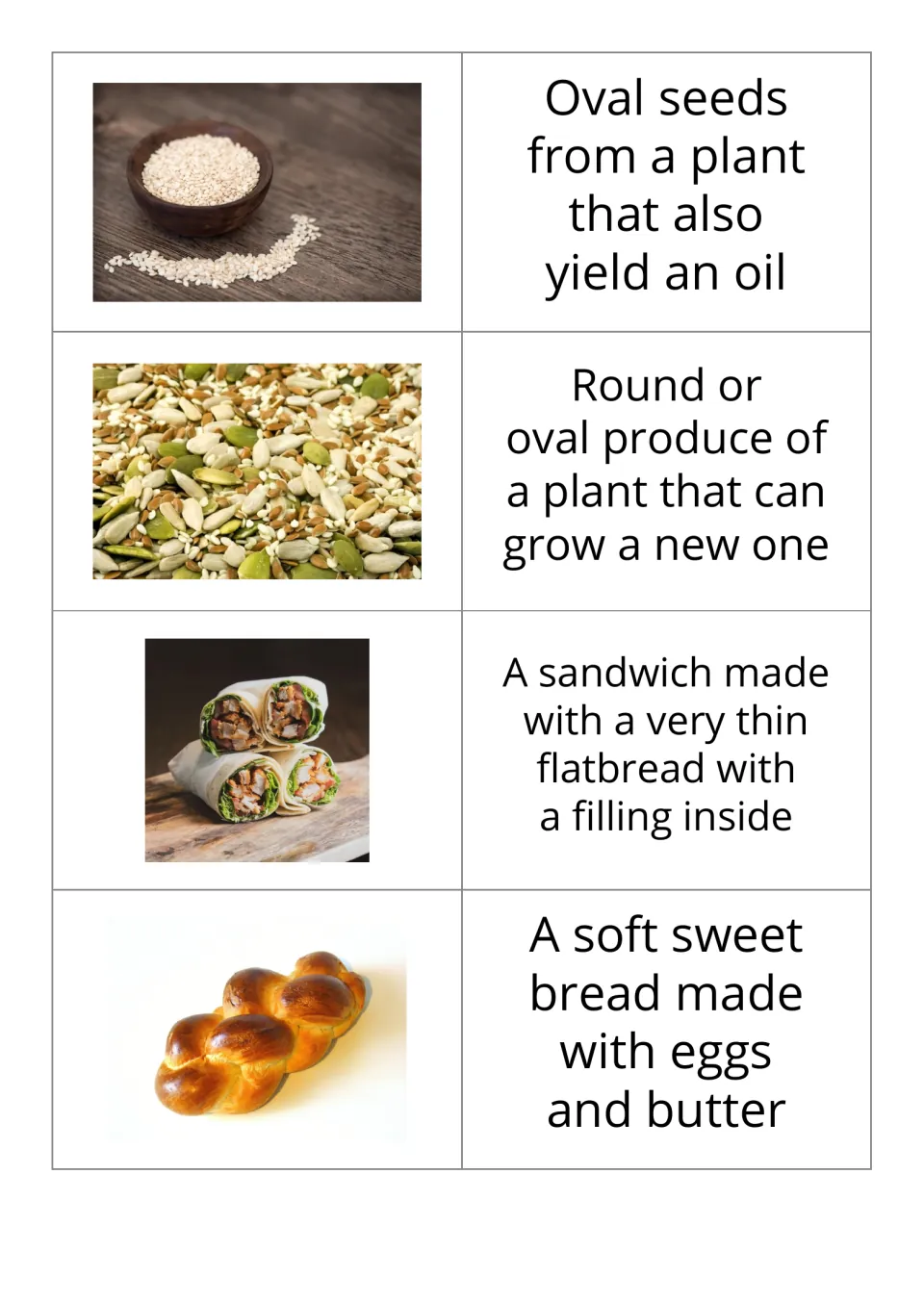 Bakery image-first flashcards 9–12 pair sesame seeds, seeds, a wrap, and soft sweet bread with definitions.